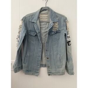 Where Is My Mind Faded Jean Jacket Distress Denim Patches Womens Sz M